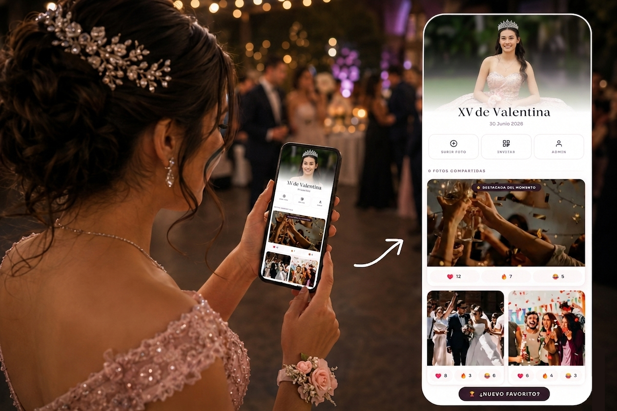 Cliente visualizando la galería de fotos de su evento en tiempo real desde un smartphone.